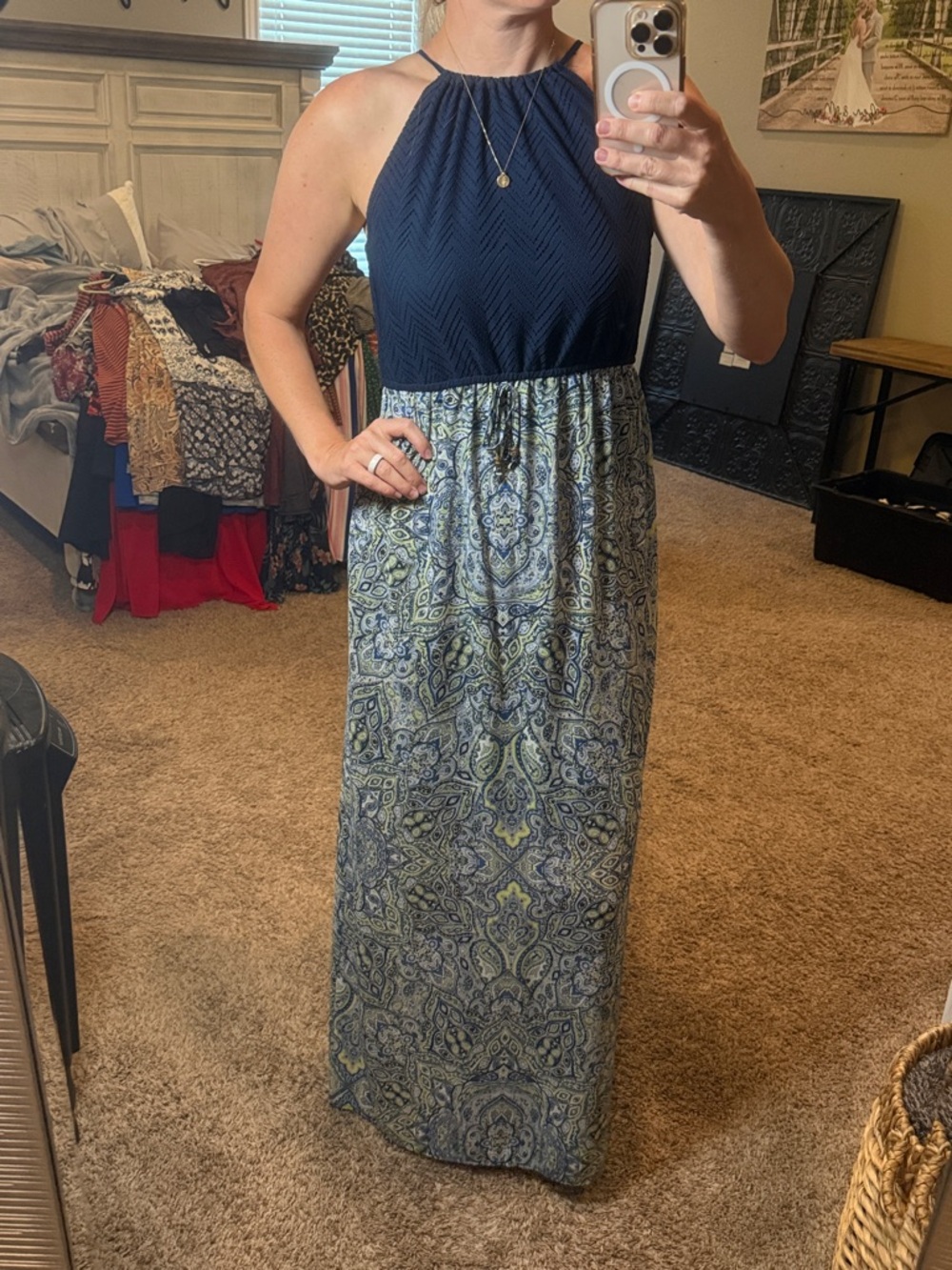 Maurices Navy Halter Maxi Dress with Blue-Green Paisley Skirt